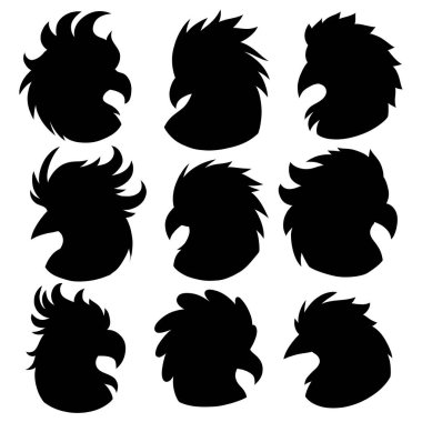 Arkadan izole edilmiş bir grup kuş kafası silueti. Simgeler ve bilgi grafikleri için kuzgunların ve papağanların siyah gölgelerinin toplanması.