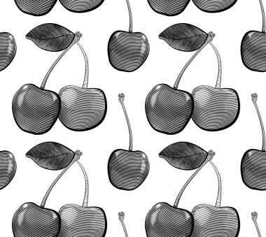 Beyaz arka planda kuluçkaya yatmış kirazlı vektörsüz desen. Kumaş için böğürtlen çizen doku