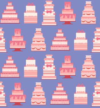 Eflatun arka planda yumuşak pembe renklerde neşeli pastalar olan kusursuz bir şekil. Pasta renginde düğün pastası deseni. Duvar kâğıdı ve kumaş için tatlı ikram