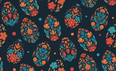 Paskalya yumurtaları halk sanatı tarzında koyu arka planda benekli. Dekoratif tatil yumurtalarının dokusu. Çiçek süslemeli bir duvar kâğıdı. Kumaşlar için arkaplan