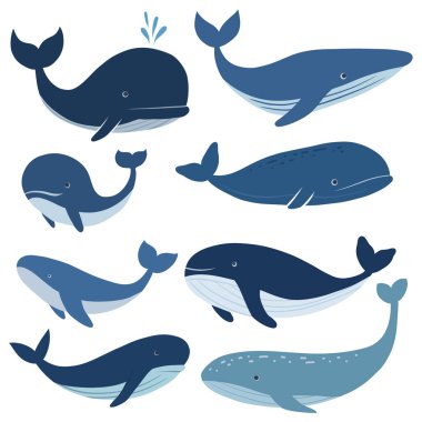 Arka plandan izole edilmiş el çizimi balinalar. Çıkartmalar ve kartpostallar için çocuksu balık koleksiyonu