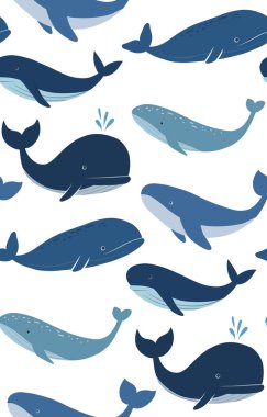 Beyaz arka planda mavi el çizilmiş balinalarla vektör düz desen. Duvar kâğıdı ve kumaş için çocuksu bir arka plan