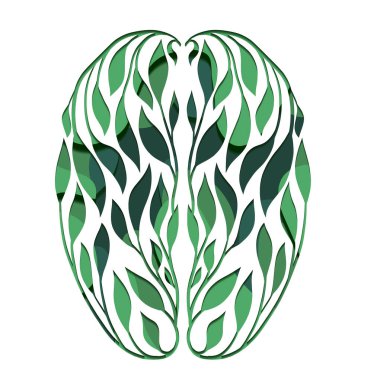 Kağıt kesiği ekolojik beyin. Sağlıklı insan beyninin yaprakların üst görünüşünden üç boyutlu temsili. Yapraklardan iç organ. İlham ve meditasyon. Tıbbi yazılar için Clip sanatı