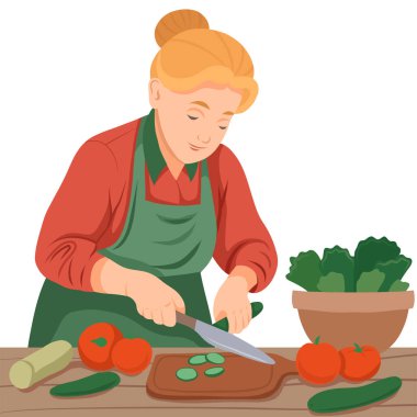 Salata kesen kadın. Düz bir şekilde vektör illüstrasyonu. Ev hanımı yemek yapıyor. Hobiler ve hobiler