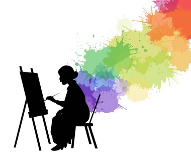 Gökkuşağı suluboya sıçraması akan sehpaya resim yapan yaşlı bir kadının vektör siyah silueti. Büyükanne sanatçı. Yaratıcılık ve ilham. Makaleler ve kartpostallar için resim