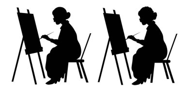 Vector klipsli resim sehpasında resim yapan yaşlı bir kadının siyah silueti. Emeklilik hobisi. Makaleler ve kartpostallar için gölge büyükanne koleksiyonu