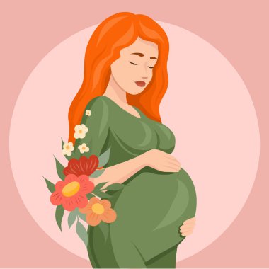 Çiçekli kızıl saçlı vektör hamile kadın. Bir çocuktan neşeli bir beklenti. Düz stili olan sağlıklı hamile bir kadının olduğu kartpostal. Şefkat ve sevgi