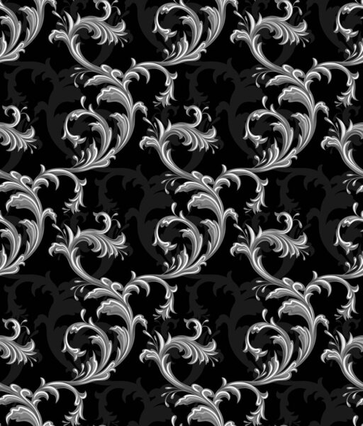 Векторный барочный бесшовный рисунок. На черном фоне расцветает орнамент из серебристой филиграни. Богатая металлом винтажная текстура для обоев и ткани