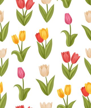 Vektör naif çiçek deseni. Beyaz arka planda çok renkli laleleri olan bir doku. Kumaşlar ve duvar kağıtları için bahar kırsal arkaplanı