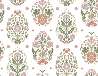 Paskalya yumurtaları halk sanatı tarzında yumuşak bir şenlik düzeni. Pastel renkte yumurtalarla dekoratif tatil dokusu. Duvar kağıdı için bahar çiçeği süsü