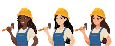 Çekiçli kadın işçilerin portre koleksiyonu. Farklı milletlerin müteahhitleri. Çizgi film tarzında inşaat işçileri