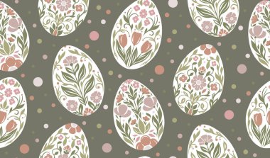 Paskalya yumurtalarıyla polka arkaplanlı yumuşak şenlik motifi. Pastel renkte yumurtalarla dekoratif desen. Kumaş için bahar çiçeği süsü