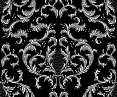 Vektör filigran gotik kusursuz desen. Siyah arka planda gümüş bukleli gümüş bukleli Damask süsü. Duvar kağıdı ve ambalaj kağıdı için barok oyma dokusu.
