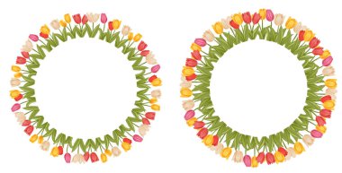 Laleli yuvarlak çerçeveler ve kopyalama alanı olan vektör kümesi. Metin için yeri olan çiçek çerçeveleri koleksiyonu. Bahar davetiyeleri ve kartları.