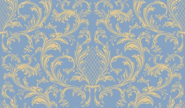 Nazik vektör rokoko pürüzsüz desen. Mavi arka planda sarı bukleli bir süs. Duvar kağıdı ve ambalaj kağıdı için klasik doku.