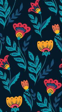 Koyu arkaplanda geleneksel çiçek desenli vektör halk sanatı. Kumaş ve duvar kağıtları için kır çiçekleriyle dekoratif kırsal doku