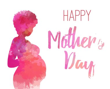 Anneler Günün kutlu olsun. Üzerinde pembe suluboya sağlıklı Afrikalı hamile bir kadın olan bir kartpostal. Yazılı hamile siyah kadın. Bir çocuğun hassas beklentisi.