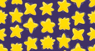 Değişik çizgi film yıldızları ve karalama vuruşları olan vektörsüz desen. Yıldızlı gece. Duvar kağıdı ve kumaş için menekşe arkaplan üzerinde sarı saf yıldızlı sihirli doku