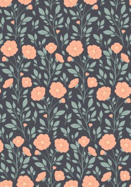 Gri arka planda pembe çiçekli, pürüzsüz, vektör kırsal desen. Yabani çiçekli ve pastel yapraklı Cottagecore dokusu. Çiçek açan duvar kâğıdı.