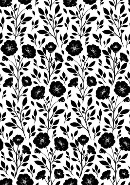 Beyaz arka planda siyah çiçek silueti olan pürüzsüz bir şekil. Yaban çiçekleri ve yapraklarla birlikte tek renkli iz dokusu. Ambalaj kağıdı için çiçek açan duvar kağıtları