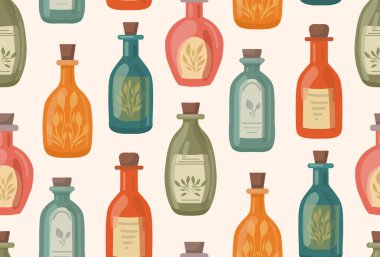 Çizgi film tarzında farklı şekillerde şişeleri olan kusursuz bir şablon. İksirli ve ilaçlı mataraların dokusu. Tekstil için aromaterapi ve yağlı duvar kağıtları.