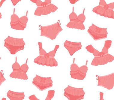 Pembe iç çamaşırlı, kusursuz bir model. İç çamaşırlı kumaş ve fırfırlı ve fiyonklu hassas tonda sutyenler. Dişi mayolu tekstil. Giysi elementli duvar kağıdı