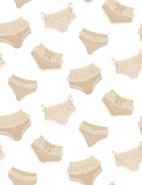 Kumaş, ambalaj ve moda tasarımı için beyaz arka planda bej renkli fırfırlı külotlu vektör desenli. Klasik düz stil. Mayolu tekstil.