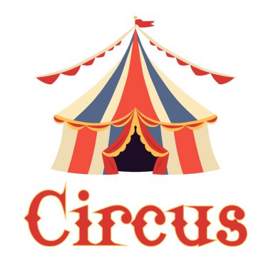 Kırmızı, sarı ve lacivert sirk harfleriyle klasik sirk çadırının vektör çizimi. Posterler, el ilanları, parti davetiyeleri ve eğlence temalı tasarımlar için ideal. Retro düz biçim.