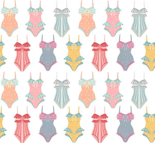 Beyaz arka planda retro mayoları olan vektör yaz deseni. Pastel renkte eski mayo desenli. Kumaşlar, duvar kağıtları ve kağıt için arka plan