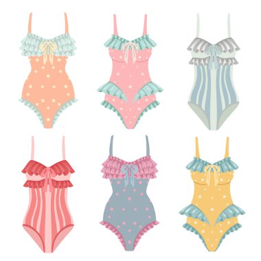 Moda baskıları, çıkartmalar ya da yaz temalı projeler için eski moda mayo klip sanatları. Düz çizgi film tarzında kadın mayosu.