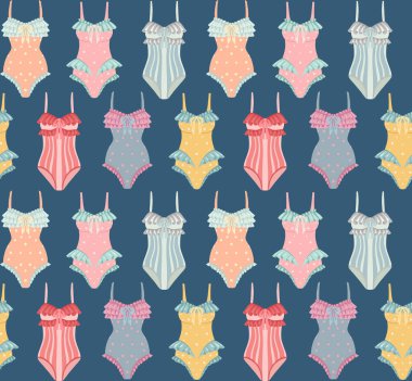Mavi arka planda retro mayoları olan vektör yaz deseni. Pastel renkte, klasik kadın mayosu desenli. Kumaşlar, duvar kağıtları ve kağıt için arka plan