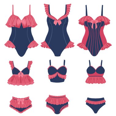 Moda baskıları, çıkartmalar ya da yaz temalı projeler için eski moda mayo kümesi. Düz çizgi film tarzında mayo ve bikini koleksiyonu