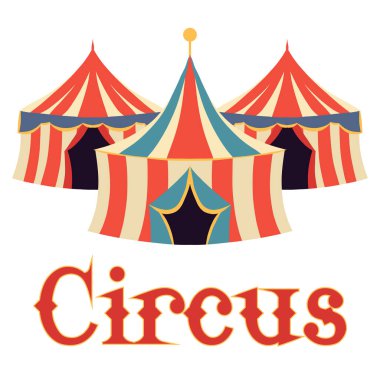 Posterler, el ilanları, parti davetiyeleri ve eğlence temalı tasarımlar için stilize Circus harfleri olan klasik sirk çadırlarının vektör çizimi. Geçmişten kalma düz bir tabela..