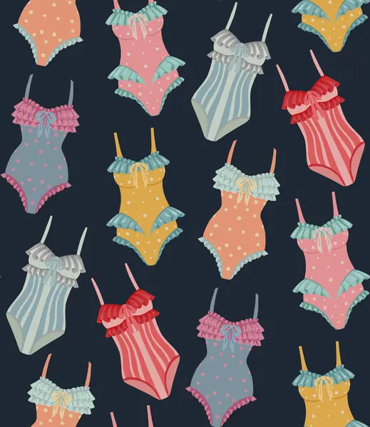 Karanlık arka planda kumaş izleri için klasik mayoları olan vektör yaz deseni, çocuk odası dekorasyonu, defterler. Pastel palette düz dizaynlı yazlık giysiler..