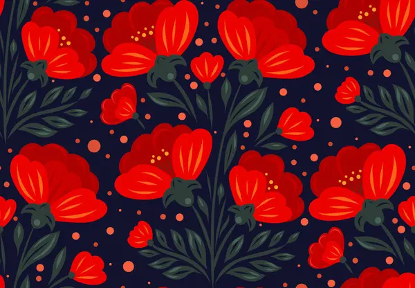 Tekstil tasarımı, duvar kâğıdı, hediye paketi için koyu mavi arka planda stilize kırmızı çiçekler ve yeşil yapraklarla vektörsüz desen. Parlak ve kalın dekoratif gelincikler..