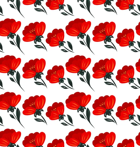 Beyaz arka planda kırmızı haşhaş desenli vektör deseni. Kumaşlar ve duvar kağıtları için halk sanatı tarzında çiçek dokusu. Modaya uygun çiçek desenleri.
