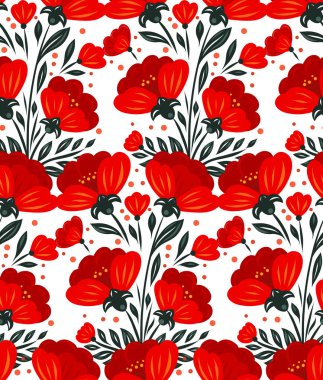 Tekstil tasarımı, duvar kâğıdı, hediye paketi, dijital arka plan için kırmızı çiçekli ve yeşil yapraklı vektörsüz desen. Haşhaş desenli dekoratif