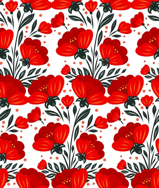 Tekstil tasarımı, duvar kâğıdı, hediye paketi, dijital arka plan için kırmızı çiçekli ve yeşil yapraklı vektörsüz desen. Haşhaş desenli dekoratif