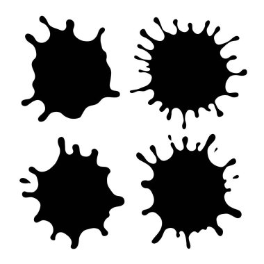 Arka plandan izole edilmiş siyah boya setleri. Mürekkep lekeleri ve damlalar siluet klipsi sanat koleksiyonu. Çıkartmalar ve kartlar için tasarım ögesi