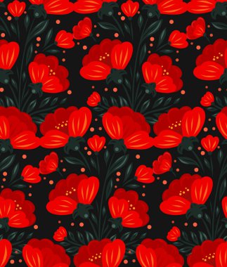 Siyah arka planda, halk sanatı tarzında kırmızı çiçekli, pürüzsüz bir şekil. Tekstil tasarımı, duvar kağıdı, hediye paketi, dijital arkaplan için gelincikli dekoratif doku.