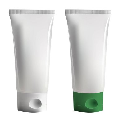 Arka plandan izole edilmiş gerçekçi 3 boyutlu krem tüpleri. Markalaşma, kozmetik ürünler için beyaz boş tüplerin klip sanatı koleksiyonu. Diş macunu, krem, sıvı