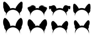 Arkaplandan kopuk kulaklıklı siyah saç bantlı siluet seti. Çıkartmalar ve kostümler için farklı cinsten köpek kulaklı aksesuarlar koleksiyonu.