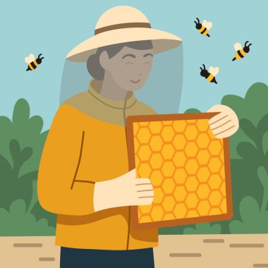 Bal petekleri ve arılarla çerçeveli bir kadın arı yetiştiricisi tasviri. Faydalı bir hobi. Üniformalı profesyonel kadın arıcı..