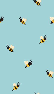 Mavi arka planda sevimli arılar olan vektör minimumu desen. El çizimi saf doku kumaşlar, duvar kağıtları ve ambalaj kağıtları için uçan böcekler