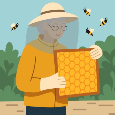 Bal petekleri ve arılarla çerçeveli yaşlı bir arı yetiştiricisinin vektör illüstrasyonu. Emeklilik hobileri. Üniformalı profesyonel kadın arıcı..