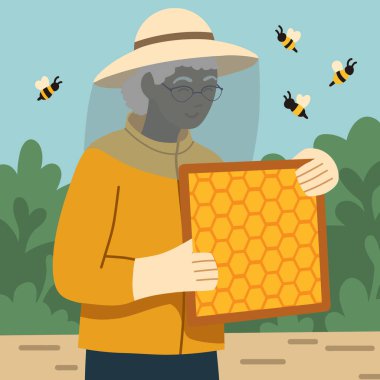 Bal petekleri ve arılarla çerçeveli yaşlı bir Afrikalı arı yetiştiricisinin vektör çizimi. Emeklilik hobileri. Üniformalı profesyonel siyah kadın arıcı..