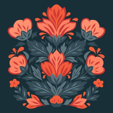 Koyu arkaplanda çiçek aranjmanı olan vektör dekoratif kart. Kartlar ve davetiyeler için halk sanatı tarzında simetrik şekillendirilmiş çiçekler. Yaz çiçekleri