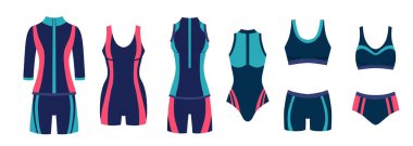 Kapalı spor kadın mayoları seti. Yüzme havuzları, bisiklet yarışmaları ve jimnastik için spor dalış kıyafetleri koleksiyonu. Simgeler ve kartpostallar için düz çizimler