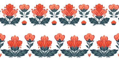 Dekoratif çiçeklerle dolu kusursuz sınırlar. Şekillendirilmiş kırmızı çiçekli friz koleksiyonu. Fırça, bölme ve resim çerçeveleri için yatay kenarlar