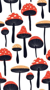 Beyaz arka planda biçimlendirilmiş sineklik desenleri olan kusursuz vektör deseni. Duvar kağıdı, kumaş ve ambalaj için sihirli mantar deseni